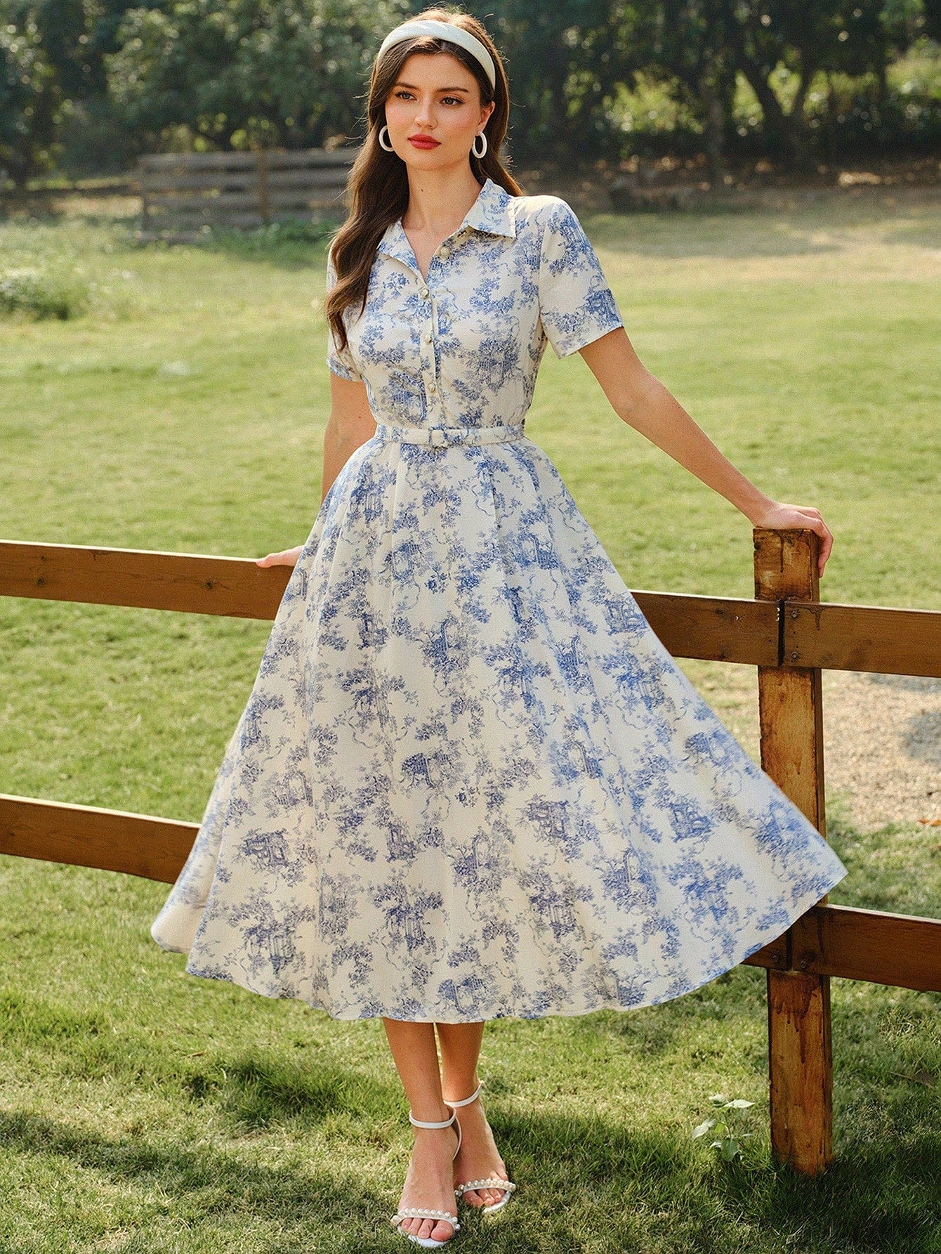Vintamour Elegant Women's Beige Floral Print Shirt Dress With Pockets Belt,Button Casual Summer Holiday Picnic Outfit,Spring Wedding Vacation Guest Party Dress