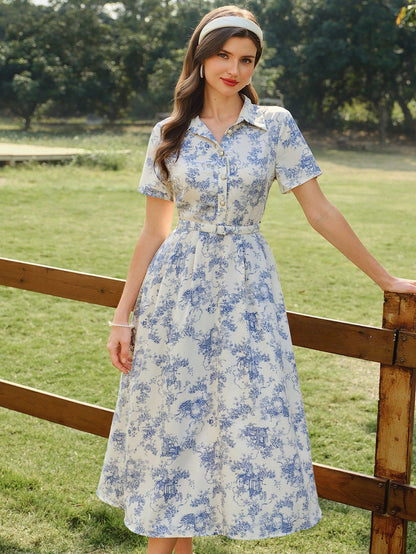 Vintamour Elegant Women's Beige Floral Print Shirt Dress With Pockets Belt,Button Casual Summer Holiday Picnic Outfit,Spring Wedding Vacation Guest Party Dress