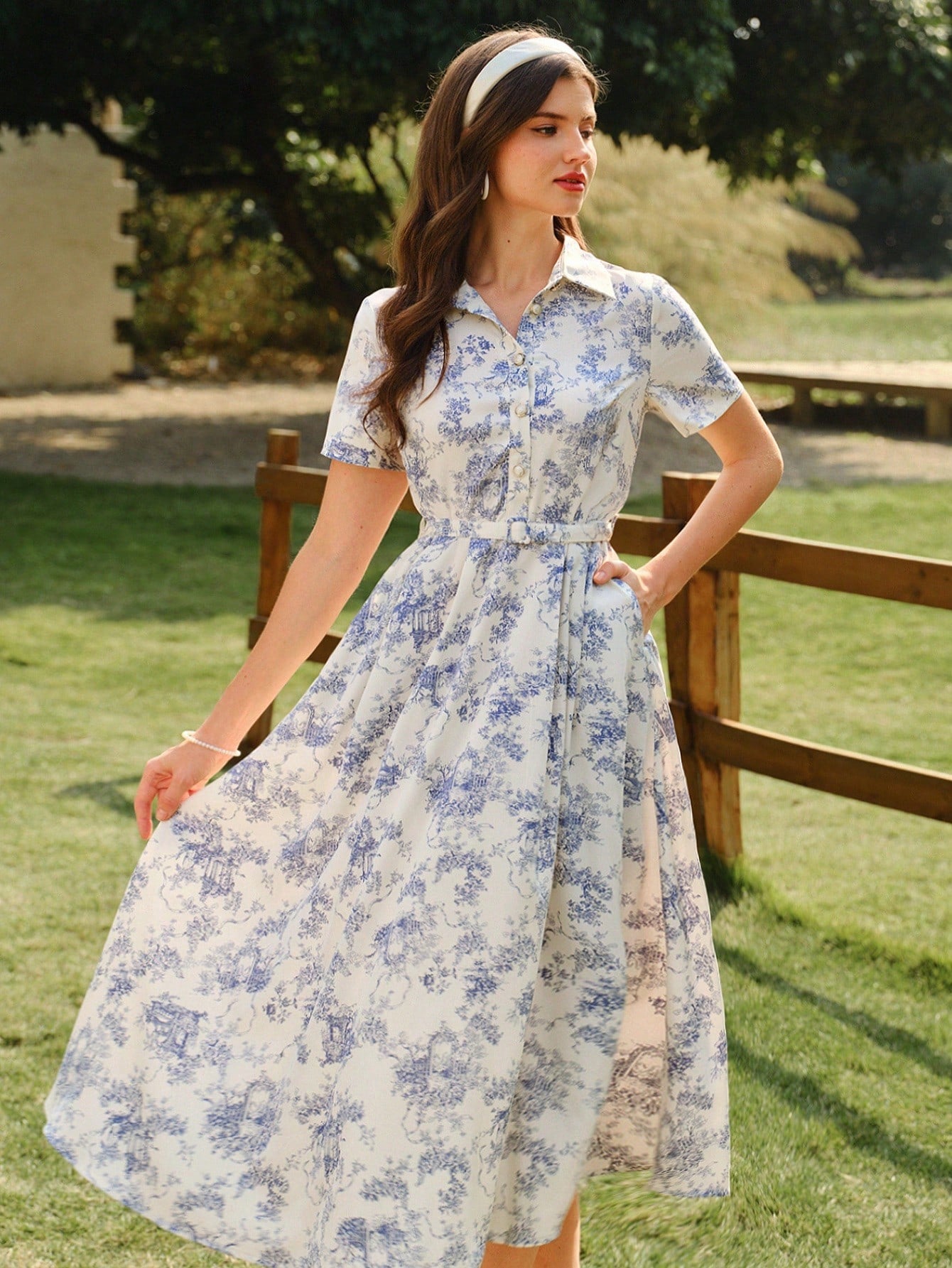 Vintamour Elegant Women's Beige Floral Print Shirt Dress With Pockets Belt,Button Casual Summer Holiday Picnic Outfit,Spring Wedding Vacation Guest Party Dress