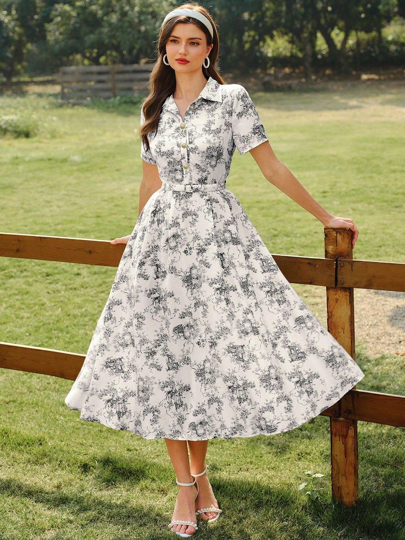 Vintamour Elegant Women's Beige Floral Print Shirt Dress With Pockets Belt,Button Casual Summer Holiday Picnic Outfit,Spring Wedding Vacation Guest Party Dress