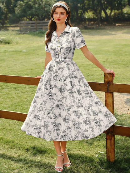 Vintamour Elegant Women's Beige Floral Print Shirt Dress With Pockets Belt,Button Casual Summer Holiday Picnic Outfit,Spring Wedding Vacation Guest Party Dress