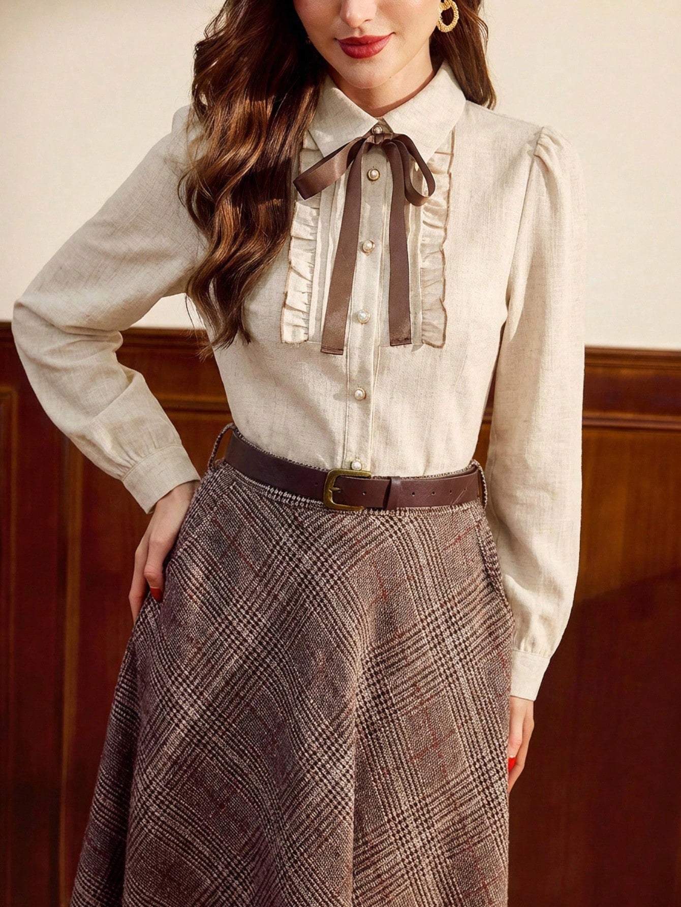 Vintamour Plus Size Vintage Elegant Women's Blouse,Pink And Grey 1920s Tie Collar Bowknot Button Up Contrast Trim Shirt,Autumn Fall Winter Office Work Top