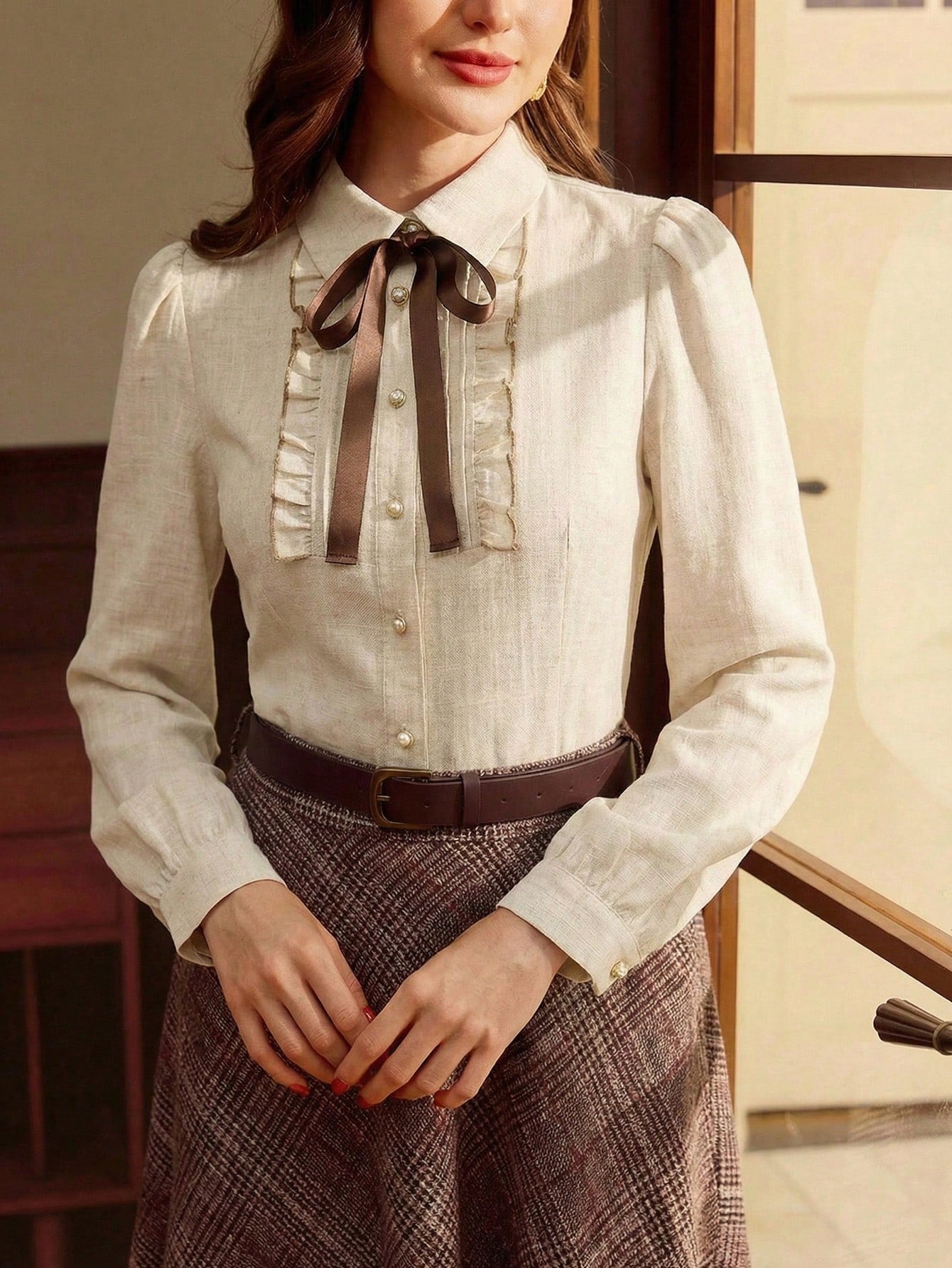 Vintamour Plus Size Vintage Elegant Women's Blouse,Pink And Grey 1920s Tie Collar Bowknot Button Up Contrast Trim Shirt,Autumn Fall Winter Office Work Top
