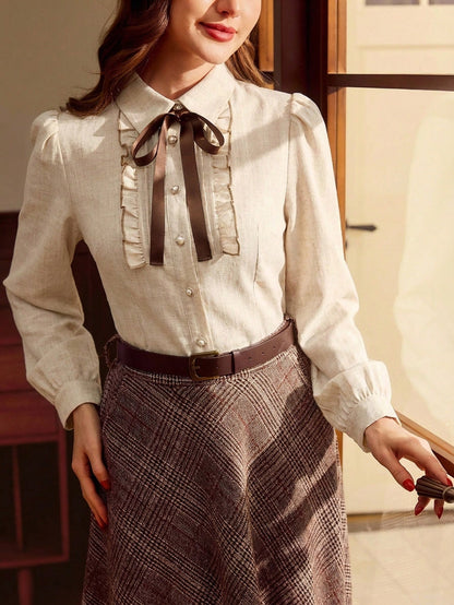 Vintamour Plus Size Vintage Elegant Women's Blouse,Pink And Grey 1920s Tie Collar Bowknot Button Up Contrast Trim Shirt,Autumn Fall Winter Office Work Top