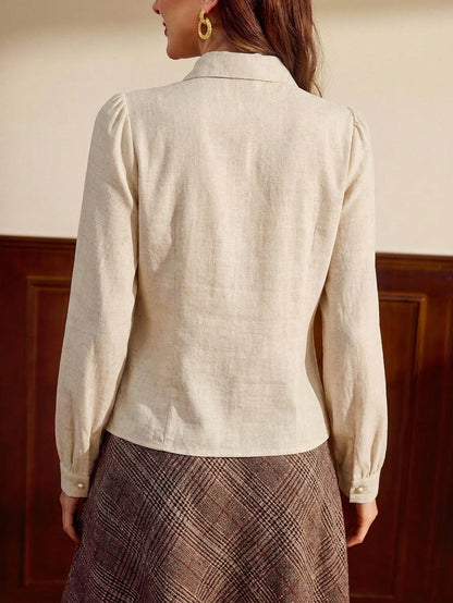 Vintamour Plus Size Vintage Elegant Women's Blouse,Pink And Grey 1920s Tie Collar Bowknot Button Up Contrast Trim Shirt,Autumn Fall Winter Office Work Top