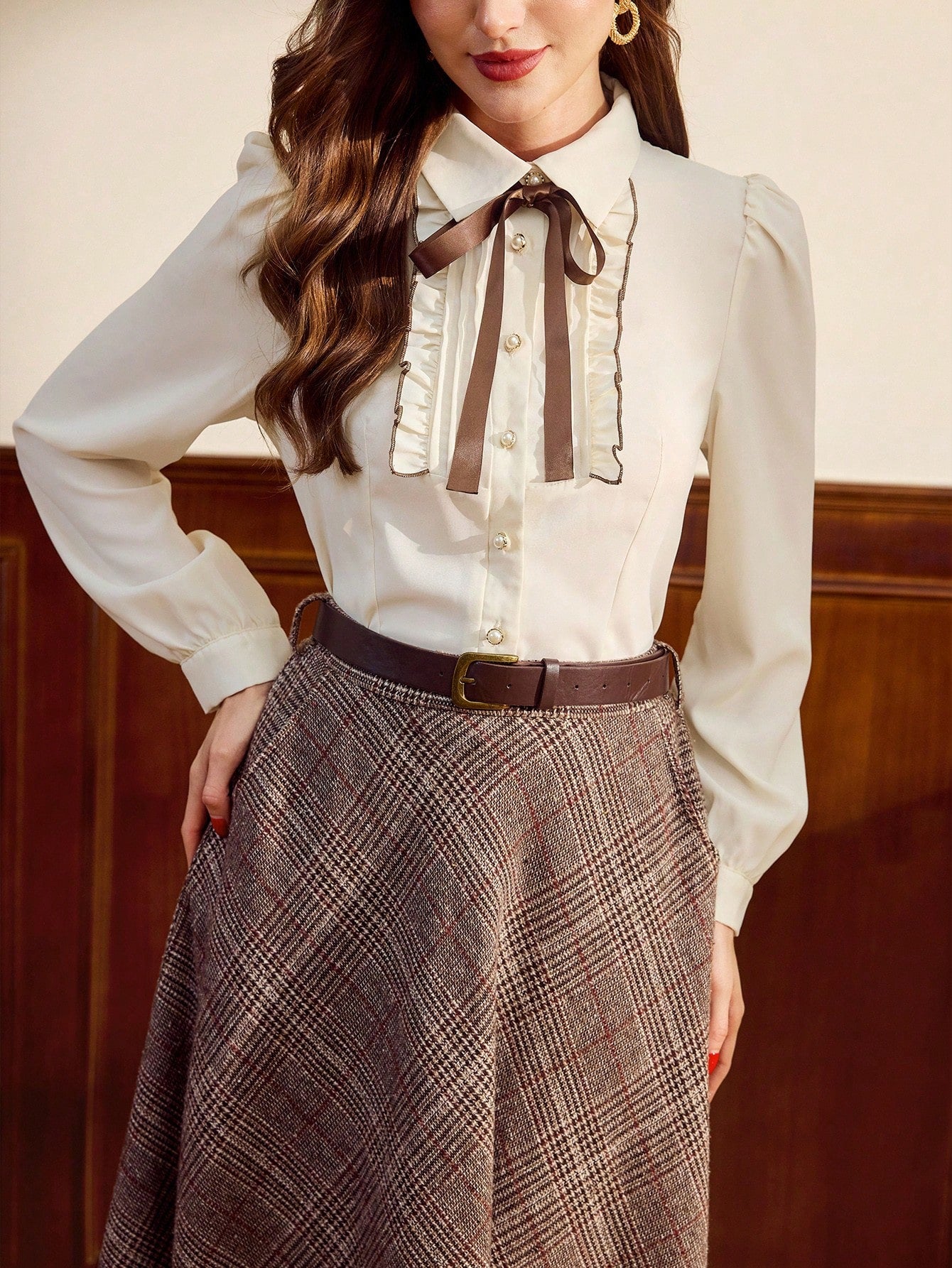 Vintamour Plus Size Vintage Elegant Women's Blouse,Pink And Grey 1920s Tie Collar Bowknot Button Up Contrast Trim Shirt,Autumn Fall Winter Office Work Top