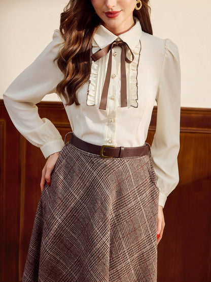 Vintamour Plus Size Vintage Elegant Women's Blouse,Pink And Grey 1920s Tie Collar Bowknot Button Up Contrast Trim Shirt,Autumn Fall Winter Office Work Top