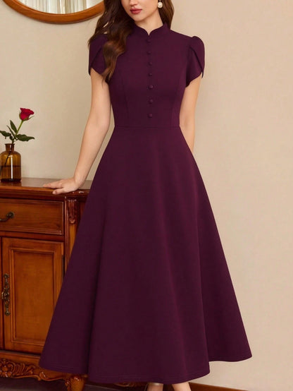 Vintamour Vintage 70s Elegant Women's Dress With Pockets Button Puff Sleeves Casual Work Dinner Office Teachers' Day Party Long Summer Dark Purple