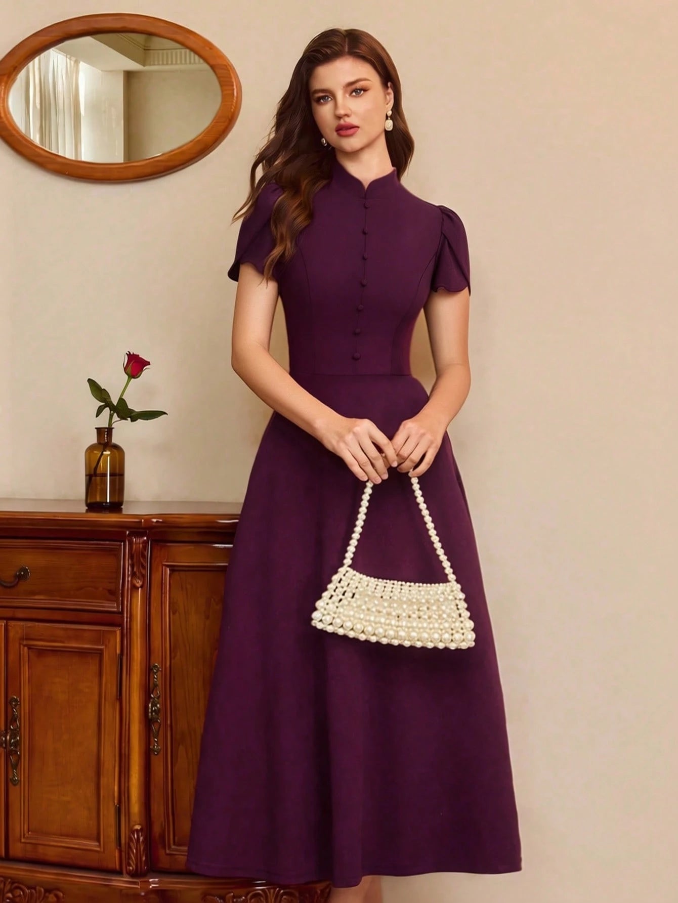Vintamour Vintage 70s Elegant Women's Dress With Pockets Button Puff Sleeves Casual Work Dinner Office Teachers' Day Party Long Summer Dark Purple