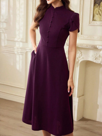 Vintamour Vintage 70s Elegant Women's Dress With Pockets Button Puff Sleeves Casual Work Dinner Office Teachers' Day Party Long Summer Dark Purple