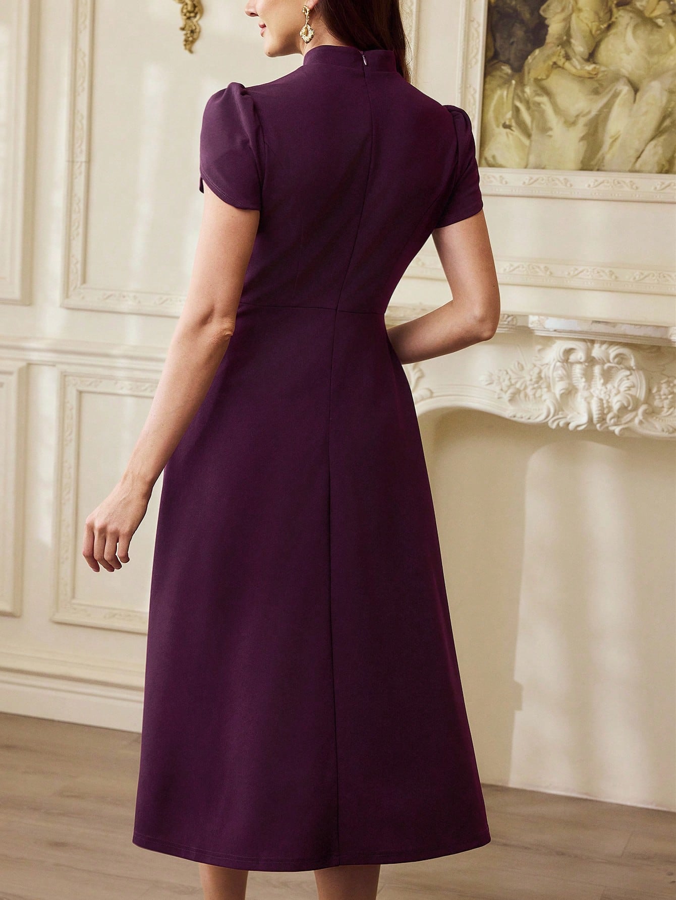 Vintamour Vintage 70s Elegant Women's Dress With Pockets Button Puff Sleeves Casual Work Dinner Office Teachers' Day Party Long Summer Dark Purple