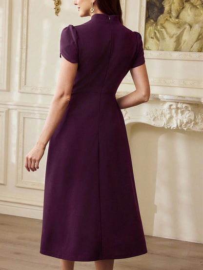 Vintamour Vintage 70s Elegant Women's Dress With Pockets Button Puff Sleeves Casual Work Dinner Office Teachers' Day Party Long Summer Dark Purple