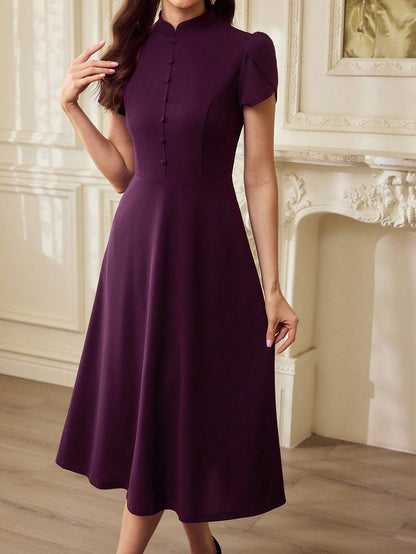 Vintamour Vintage 70s Elegant Women's Dress With Pockets Button Puff Sleeves Casual Work Dinner Office Teachers' Day Party Long Summer Dark Purple