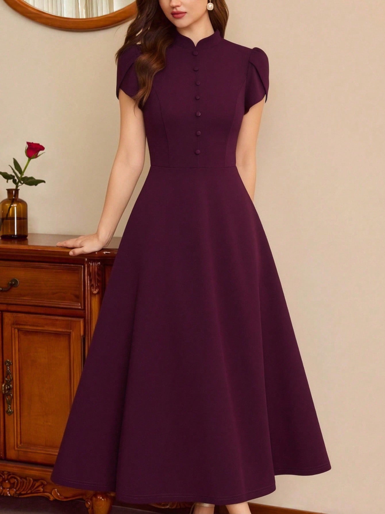 Vintamour Vintage 70s Elegant Women's Dress With Pockets Button Puff Sleeves Casual Work Dinner Office Teachers' Day Party Long Summer Dark Purple