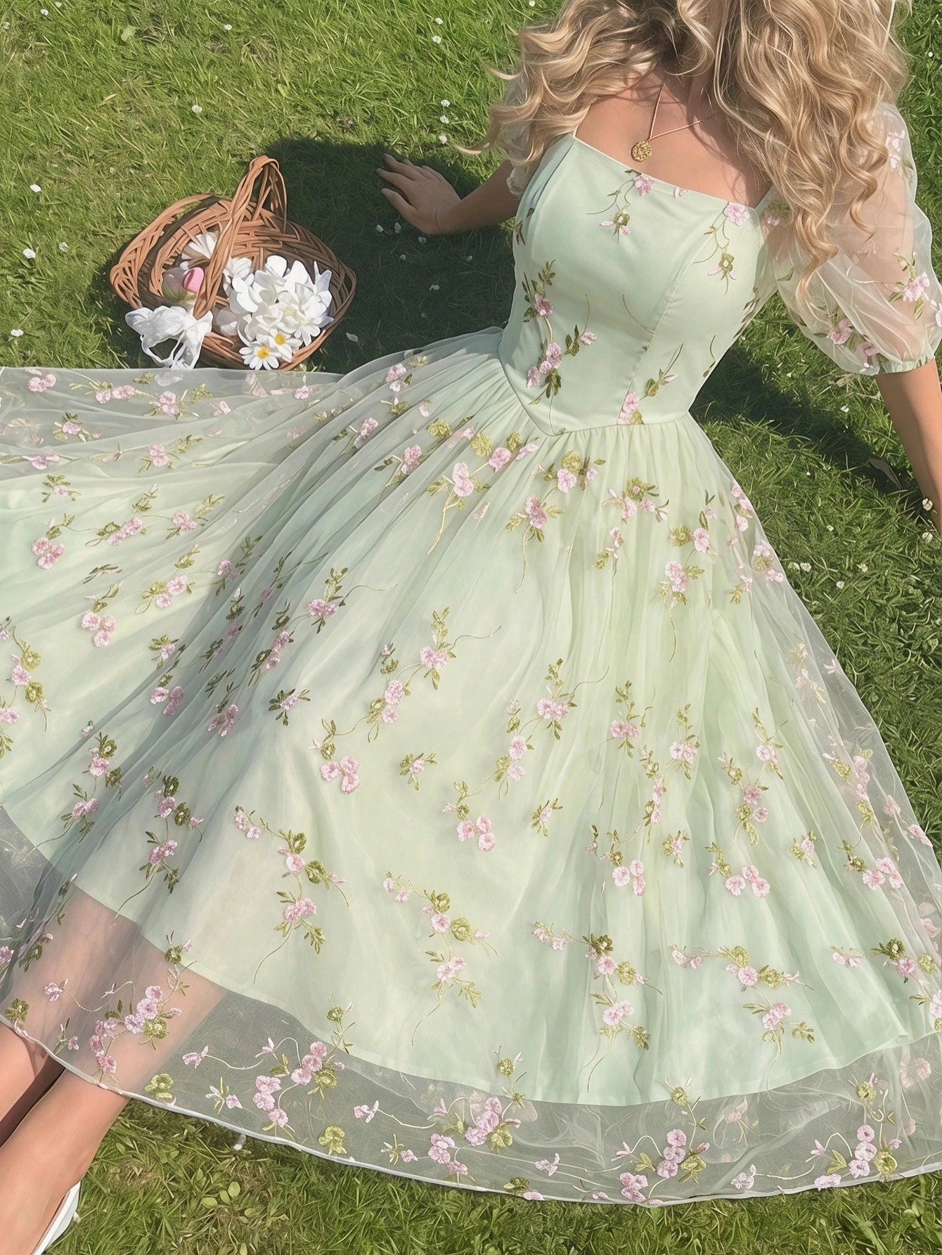 Vintamour Vintage Pale Green Elegant Floral Dress Women Embroidery Mesh Casual Summer Picnic Party Outfit Tea Wedding Guest Graduation Prom Ceremony Dresses