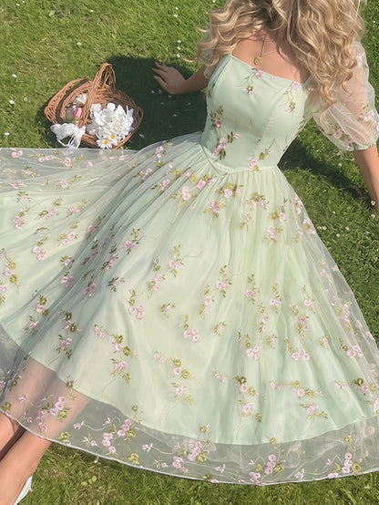 Vintamour Vintage Pale Green Elegant Floral Dress Women Embroidery Mesh Casual Summer Picnic Party Outfit Tea Wedding Guest Graduation Prom Ceremony Dresses