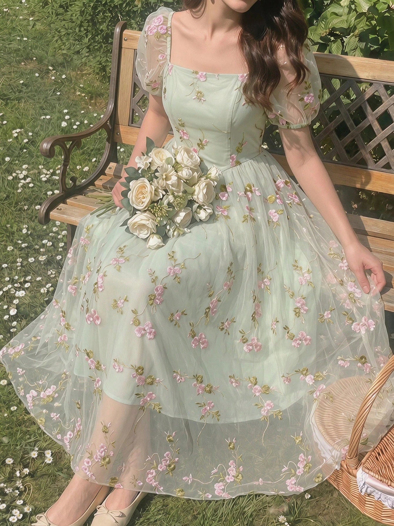Vintamour Vintage Pale Green Elegant Floral Dress Women Embroidery Mesh Casual Summer Picnic Party Outfit Tea Wedding Guest Graduation Prom Ceremony Dresses