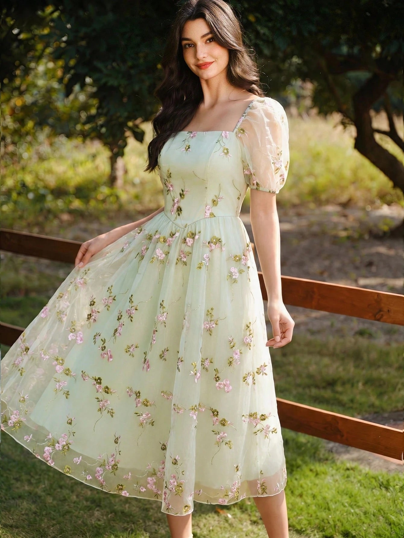 Vintamour Vintage Pale Green Elegant Floral Dress Women Embroidery Mesh Casual Summer Picnic Party Outfit Tea Wedding Guest Graduation Prom Ceremony Dresses