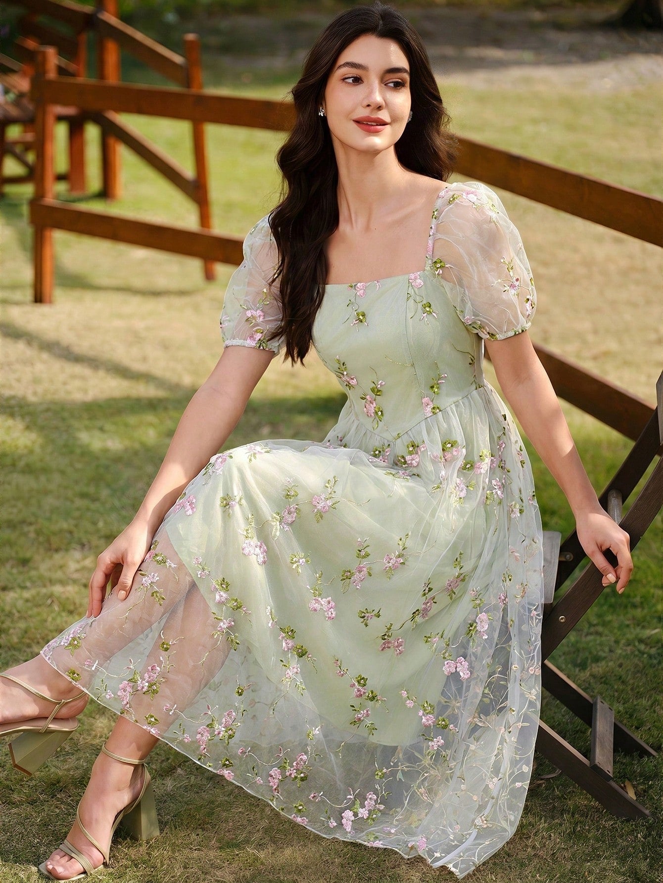 Vintamour Vintage Pale Green Elegant Floral Dress Women Embroidery Mesh Casual Summer Picnic Party Outfit Tea Wedding Guest Graduation Prom Ceremony Dresses