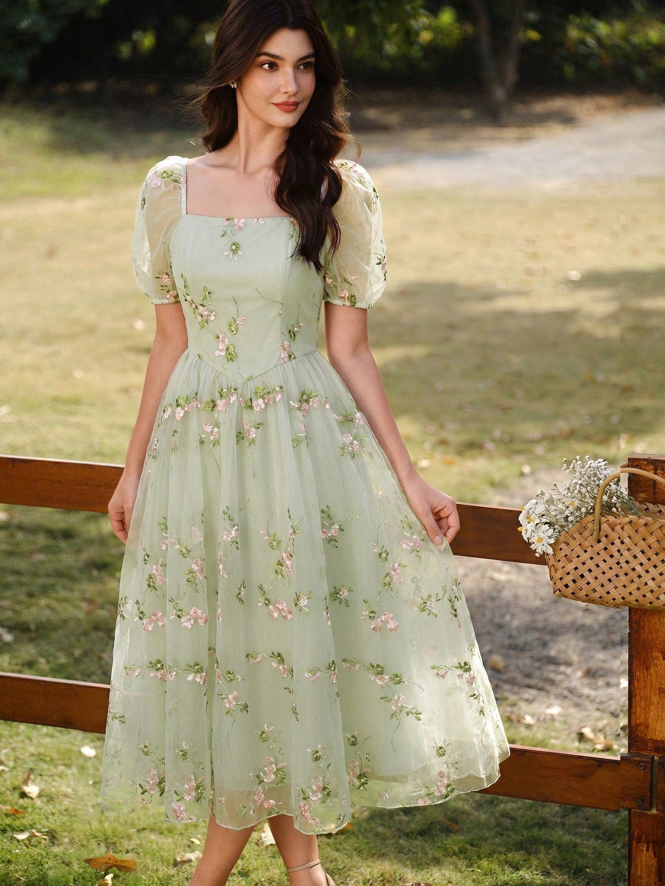 Vintamour Vintage Pale Green Elegant Floral Dress Women Embroidery Mesh Casual Summer Picnic Party Outfit Tea Wedding Guest Graduation Prom Ceremony Dresses