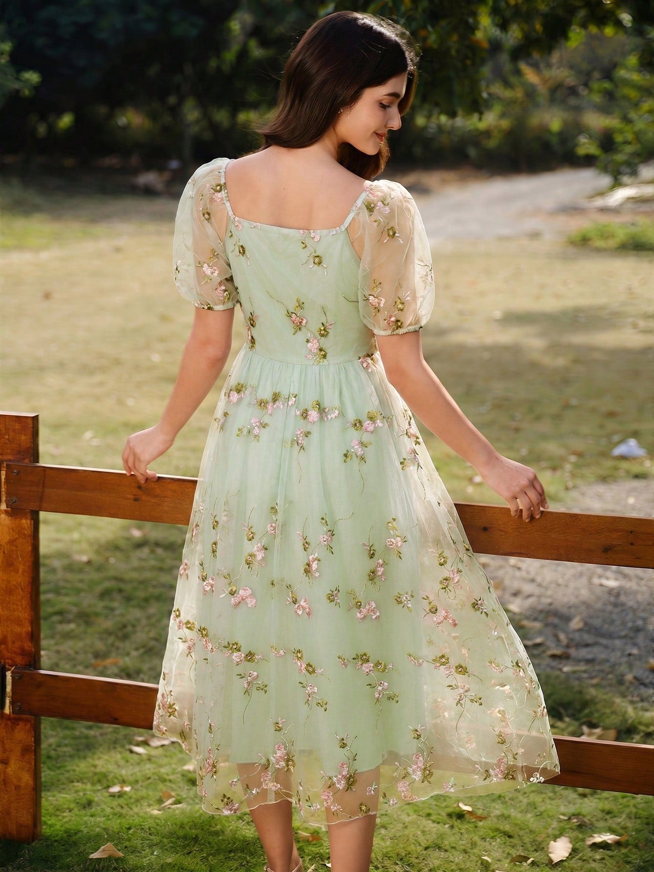 Vintamour Vintage Pale Green Elegant Floral Dress Women Embroidery Mesh Casual Summer Picnic Party Outfit Tea Wedding Guest Graduation Prom Ceremony Dresses