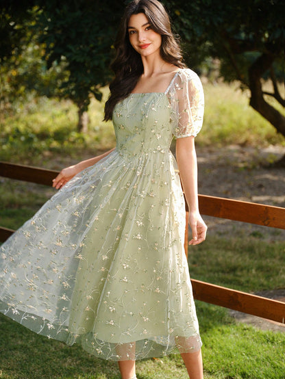 Vintamour Vintage Pale Green Elegant Floral Dress Women Embroidery Mesh Casual Summer Picnic Party Outfit Tea Wedding Guest Graduation Prom Ceremony Dresses