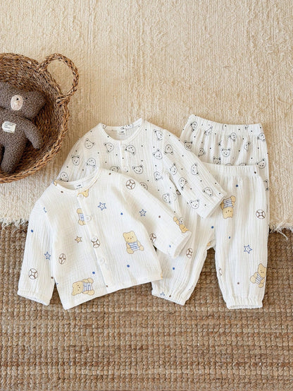 Vintaside Kids 2 Sets Newborn Spring/Summer Off-White Soft Cute Bear & Star All-Over Print Crew Neck Button-Front Long Sleeve Top And Cuffed Pants 2-Piece Set, Loose Casual Fit, Suitable For Daily Out