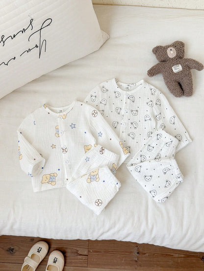Vintaside Kids 2 Sets Newborn Spring/Summer Off-White Soft Cute Bear & Star All-Over Print Crew Neck Button-Front Long Sleeve Top And Cuffed Pants 2-Piece Set, Loose Casual Fit, Suitable For Daily Out