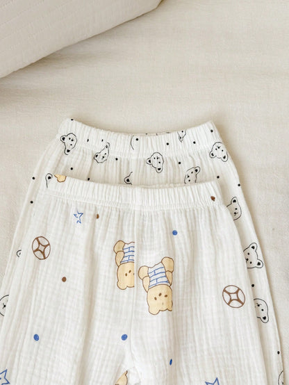Vintaside Kids 2 Sets Newborn Spring/Summer Off-White Soft Cute Bear & Star All-Over Print Crew Neck Button-Front Long Sleeve Top And Cuffed Pants 2-Piece Set, Loose Casual Fit, Suitable For Daily Out