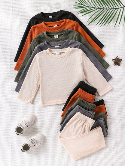 Vintaside Kids Baby Boy 3pcs/Set Beige,Autumn,Casual,Family Matching Long Sleeve Round Neck Top And Pants Suit,Chic Outfits For Spring,Camping,Family Gathering