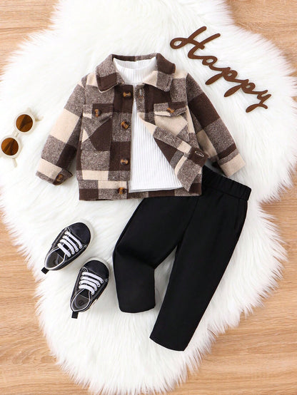 Vintaside Kids Baby Boy Spring & Autumn Casual Plaid Jacket And Solid Color Pants Set, For Christmas