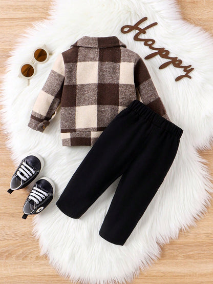 Vintaside Kids Baby Boy Spring & Autumn Casual Plaid Jacket And Solid Color Pants Set, For Christmas