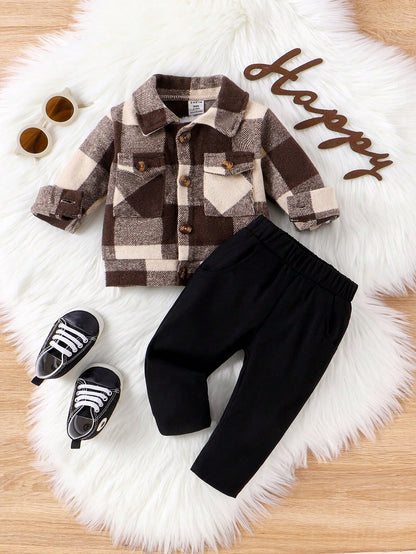 Vintaside Kids Baby Boy Spring & Autumn Casual Plaid Jacket And Solid Color Pants Set, For Christmas
