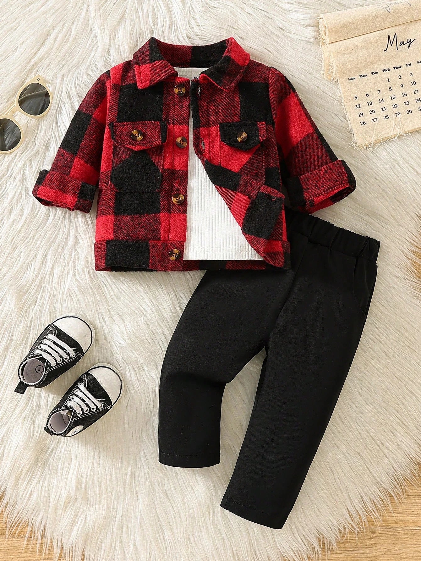 Vintaside Kids Baby Boy Spring & Autumn Casual Plaid Jacket And Solid Color Pants Set, For Christmas