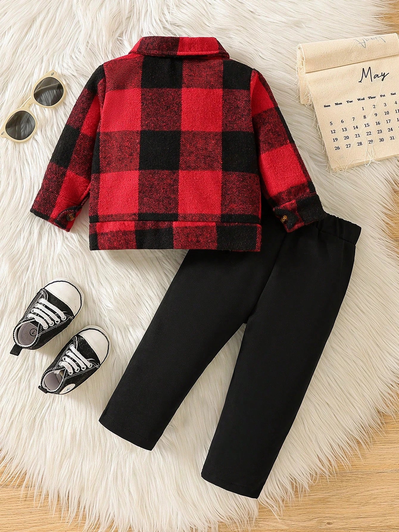 Vintaside Kids Baby Boy Spring & Autumn Casual Plaid Jacket And Solid Color Pants Set, For Christmas