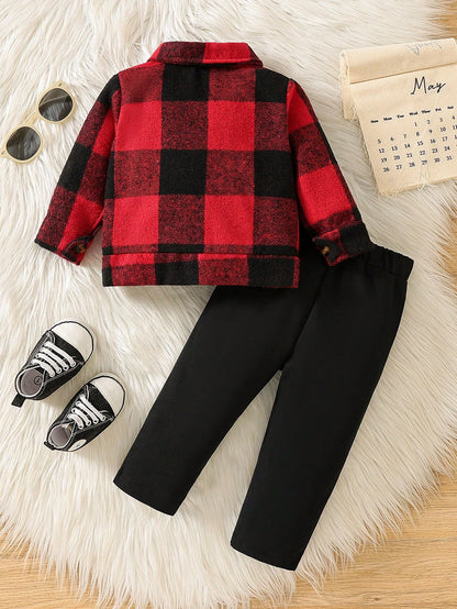 Vintaside Kids Baby Boy Spring & Autumn Casual Plaid Jacket And Solid Color Pants Set, For Christmas