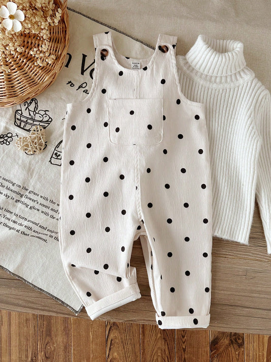 Vintaside Kids Baby Girls Spring/Autumn Polka Dot Top Overalls Jumpsuits Casual Style With Chest Pocket Decoration Outdoor And Leisure