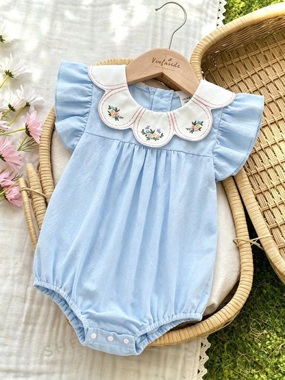 Vintaside Kids Baby Girls Spring/Summer Pure Apricot Romper, Cherry Embroidery Detail At Neckline, Sweet Minimalist Style, Comfortable Fit, Suitable For Daily Outings, Home Leisure, Casual Gatherings