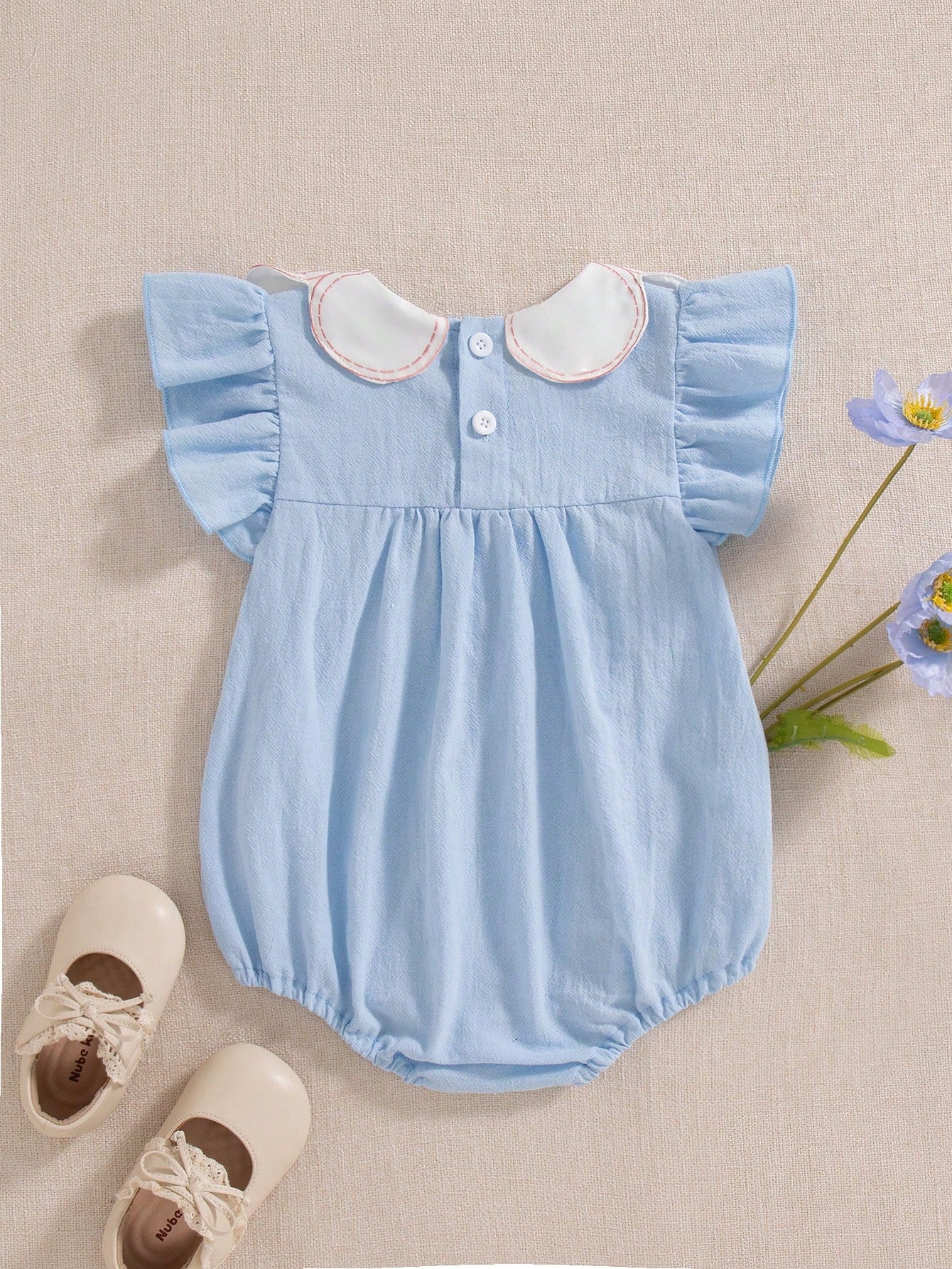 Vintaside Kids Baby Girls Spring/Summer Pure Apricot Romper, Cherry Embroidery Detail At Neckline, Sweet Minimalist Style, Comfortable Fit, Suitable For Daily Outings, Home Leisure, Casual Gatherings