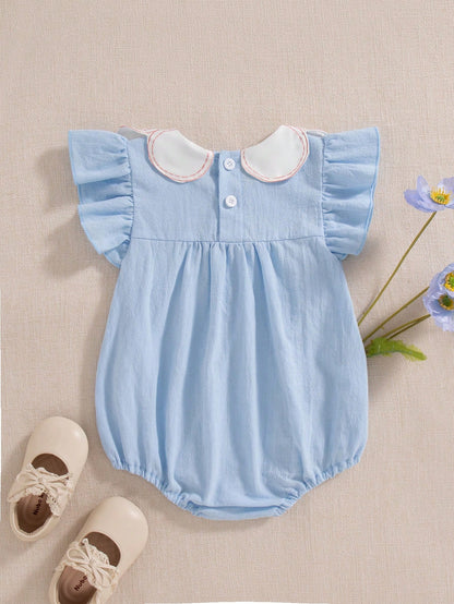 Vintaside Kids Baby Girls Spring/Summer Pure Apricot Romper, Cherry Embroidery Detail At Neckline, Sweet Minimalist Style, Comfortable Fit, Suitable For Daily Outings, Home Leisure, Casual Gatherings