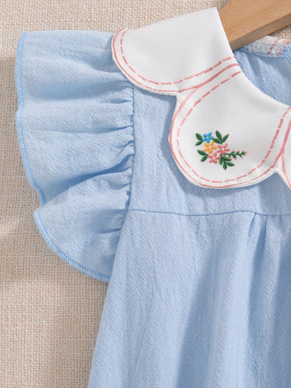 Vintaside Kids Baby Girls Spring/Summer Pure Apricot Romper, Cherry Embroidery Detail At Neckline, Sweet Minimalist Style, Comfortable Fit, Suitable For Daily Outings, Home Leisure, Casual Gatherings