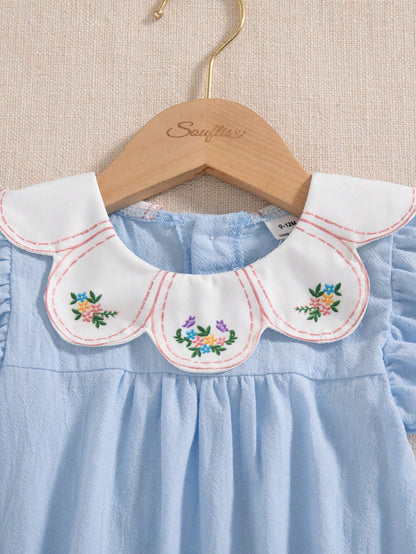 Vintaside Kids Baby Girls Spring/Summer Pure Apricot Romper, Cherry Embroidery Detail At Neckline, Sweet Minimalist Style, Comfortable Fit, Suitable For Daily Outings, Home Leisure, Casual Gatherings