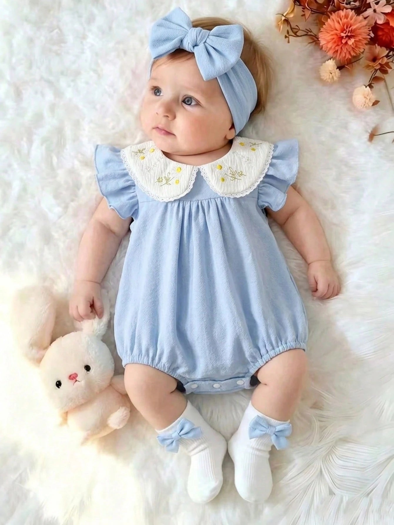 Vintaside Kids Baby Girls Spring/Summer Pure Apricot Romper, Cherry Embroidery Detail At Neckline, Sweet Minimalist Style, Comfortable Fit, Suitable For Daily Outings, Home Leisure, Casual Gatherings