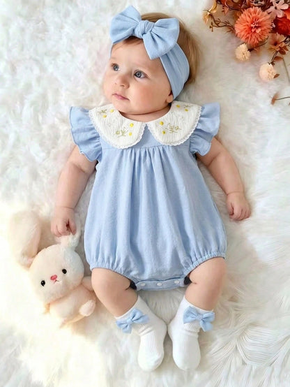 Vintaside Kids Baby Girls Spring/Summer Pure Apricot Romper, Cherry Embroidery Detail At Neckline, Sweet Minimalist Style, Comfortable Fit, Suitable For Daily Outings, Home Leisure, Casual Gatherings