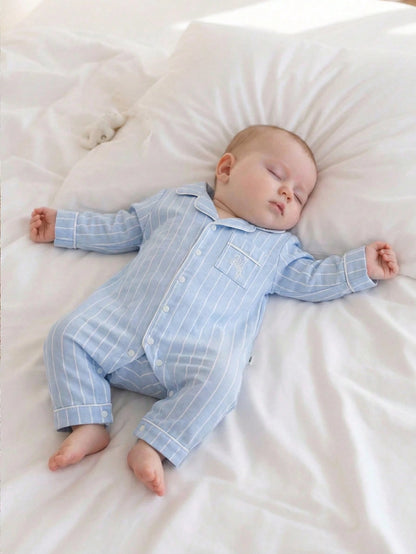 Vintaside Kids Cute Newborn Baby Romper,Blue And White Striped Long Sleeve Jumpsuit,Autumn Embroidered Horse Design,Lapel Collar Front Pocket Night Loungewear