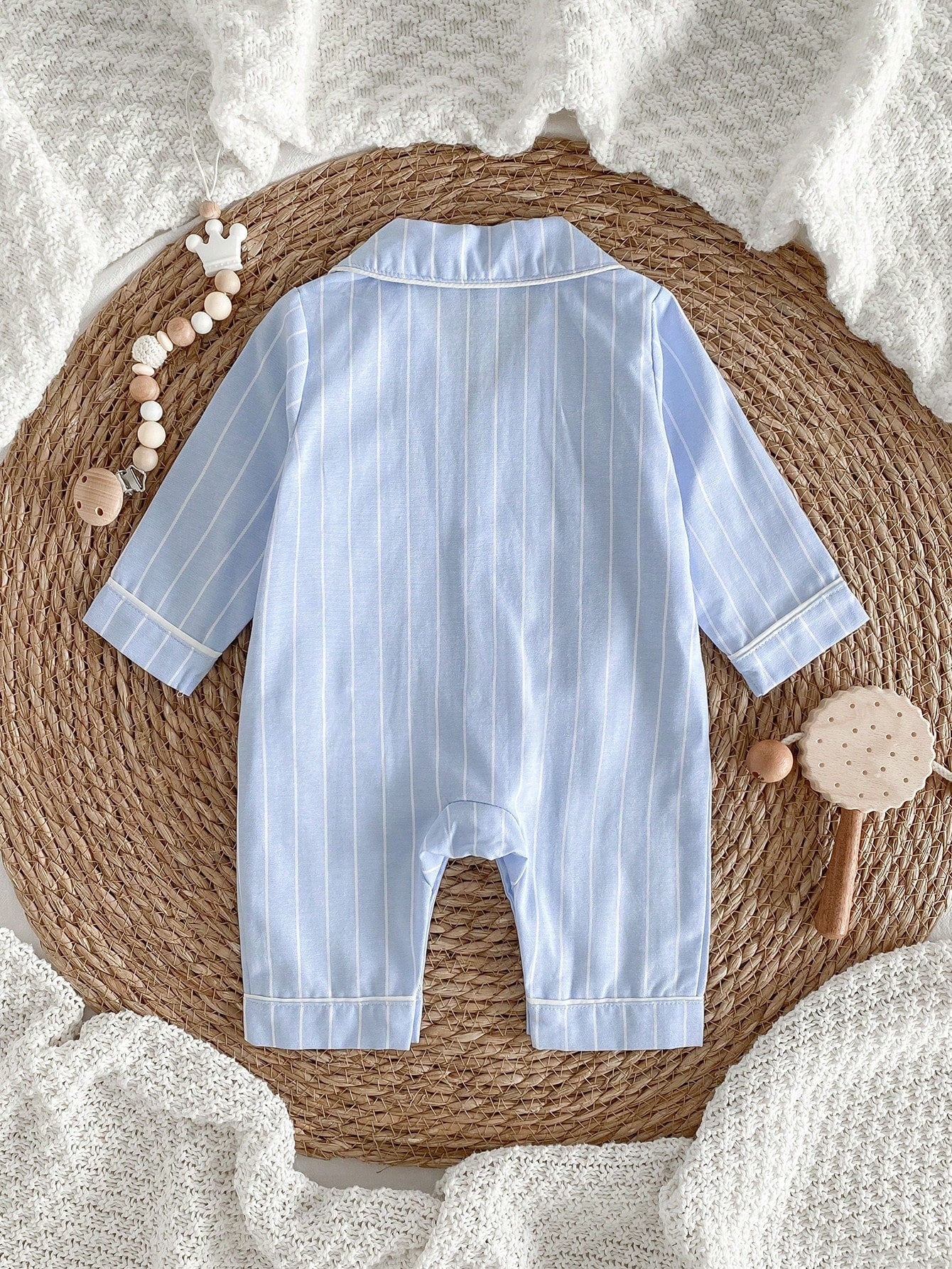 Vintaside Kids Cute Newborn Baby Romper,Blue And White Striped Long Sleeve Jumpsuit,Autumn Embroidered Horse Design,Lapel Collar Front Pocket Night Loungewear