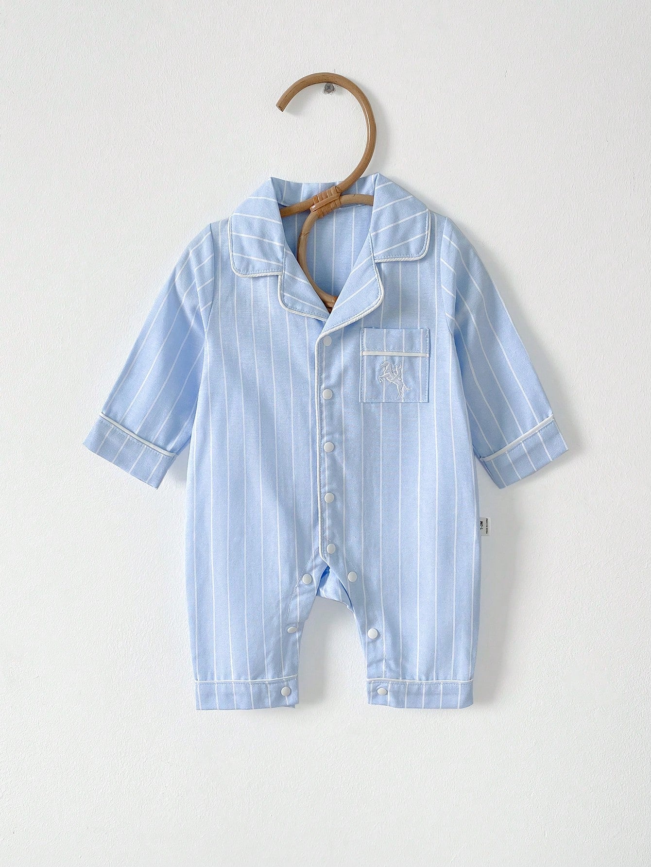 Vintaside Kids Cute Newborn Baby Romper,Blue And White Striped Long Sleeve Jumpsuit,Autumn Embroidered Horse Design,Lapel Collar Front Pocket Night Loungewear
