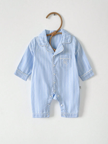Vintaside Kids Cute Newborn Baby Romper,Blue And White Striped Long Sleeve Jumpsuit,Autumn Embroidered Horse Design,Lapel Collar Front Pocket Night Loungewear