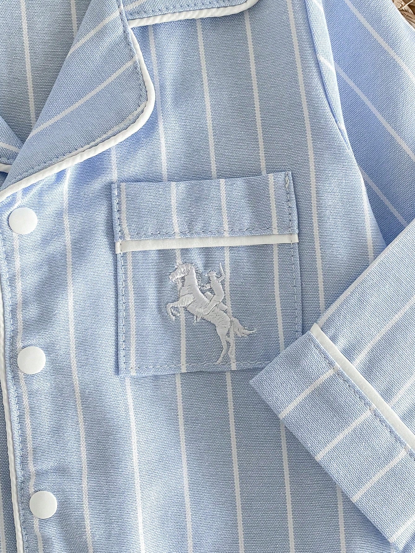 Vintaside Kids Cute Newborn Baby Romper,Blue And White Striped Long Sleeve Jumpsuit,Autumn Embroidered Horse Design,Lapel Collar Front Pocket Night Loungewear