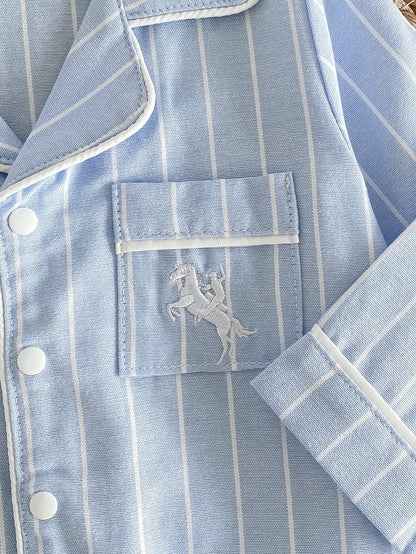 Vintaside Kids Cute Newborn Baby Romper,Blue And White Striped Long Sleeve Jumpsuit,Autumn Embroidered Horse Design,Lapel Collar Front Pocket Night Loungewear